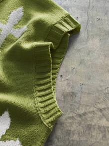 AXEPEAK Men's Cross Print Round Neck Fringed Knitted Vest - Army Green - View 5