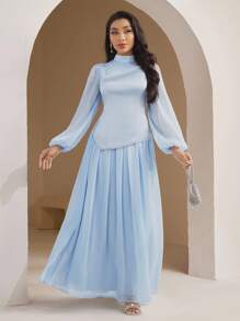 Veilorie Vestido de mujer de manga larga elegante con cuello alto, parche de malla y unicolor - Azul - Ver 4