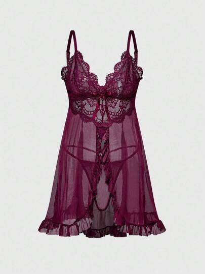 Kawaii طقم قميص نوم وسروال داخلي من الشبك والدانتيل بشكل تجعد وفرنسي لللحوم المكشوفة