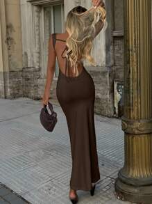 INAWLY Women Sexy Bodycon Maxi Knit Grad Dress For Vacation - Coffee Brown - View 3