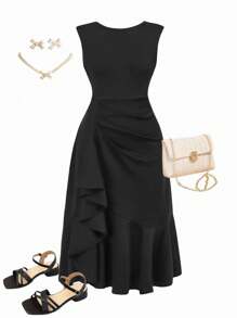 SHEIN Tween Girls Black Elegant Summer Cocktail Midi Dress,Stylish Formal Tiered Design Ruffle Hem Dresses For Teens - Black - View 1
