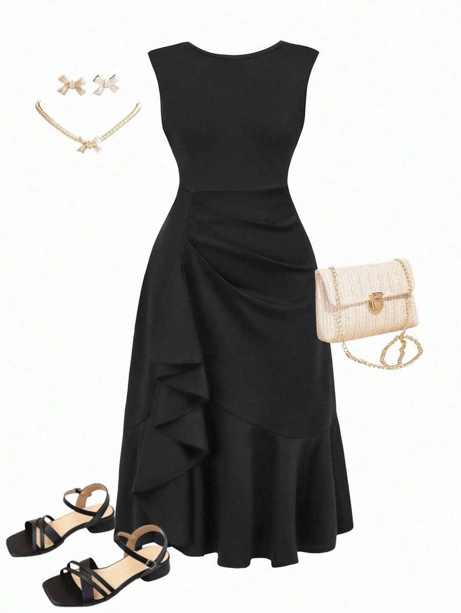 SHEIN Tween Girls Black Elegant Summer Cocktail Midi Dress,Stylish Formal Tiered Design Ruffle Hem Dresses For Teens - Black - View 1