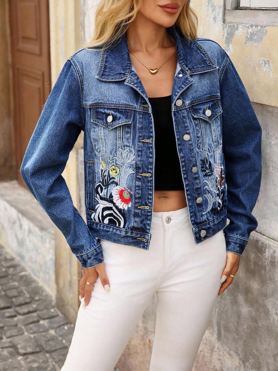 EMERY ROSE Women's Long Sleeve Floral Embroidered Single-Breasted Casual Denim Jacket - Blue - View 1