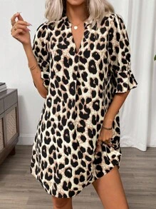 SHEIN Clasi Women's Leopard Print Cutout Neck Casual Short Sleeve Mini Dress - Multicolor - View 3