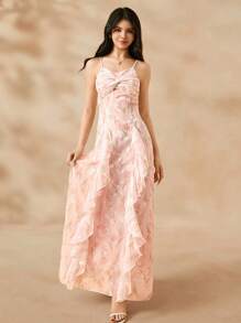 SHEIN 女童碎花吊带长裙、公主生日派对礼服、钢琴演奏舞台裙、不对称下摆连衣裙