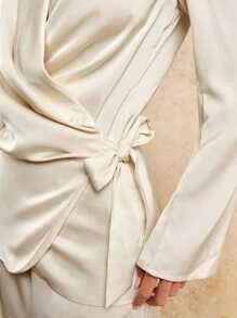 COSMINA Women's Elegant Cream Satin Ruched Waist Tie Blouse And Wide Leg Pant Blazer Suit Set, Old Money, Relaxed Vacation Daily Style; Teacher Outfits; Going Out Outfits - White - View 7