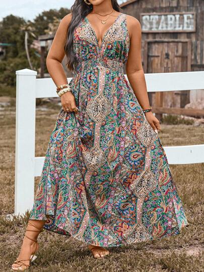 LanaWest 大码佩斯利印花休闲度假连衣裙