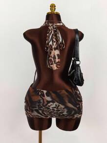 Amplova Vestido ajustado con inserción de malla con estampado de tigre, cuello drapeado, de múltiples formas de usar, talla grande, con lazo en la espalda - Multicolor - Ver 13