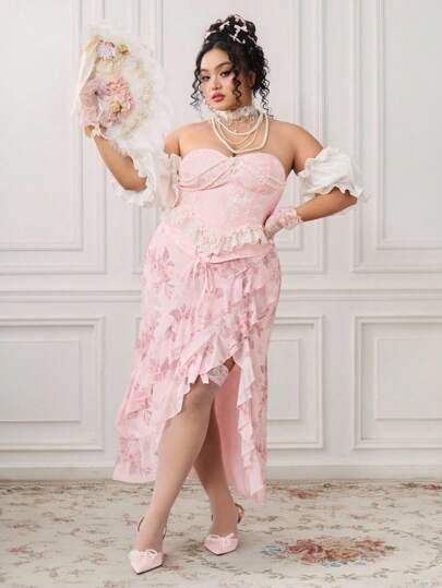EDITION Plus Size Kawaii Palace Sweet Asymmetrical Hem Ruffle Skirt