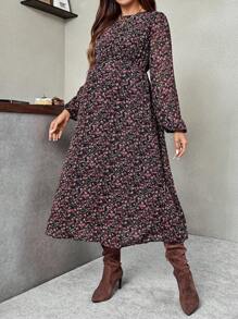 SHEIN Fall Clothes,Autumn Clothes,Maternity Autumn Clothes Maternity Maternity Floral Print Crew Neck Long Sleeve Dress Ditsy Floral Dress Fall Dresses For Women Long Sleeve Midi Dress Autumn Dress Wildflower Dress - Black - View 6