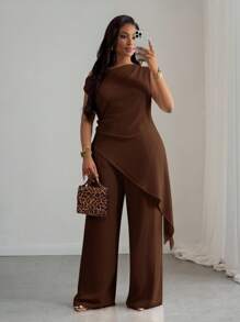 Slaydiva Bộ đồ đi nghỉ mát thường ngày mới, phù hợp cho mùa xuân và hè, màu mơ, đa năng, thích hợp cho tiệc sinh nhật, hẹn hò, hàng ngày, tối giản, gợi cảm, phong cách đường phố, áo thun dài tay màu trơn, vạt bất đối xứng - Bộ đồ đi nghỉ mát và dã ngoại thường ngày màu nâu, cỡ lớn, bộ hai mảnh thanh lịch, kín đáo dành cho nữ, trang phục giáo viên cho nữ. - màu nâu - Xem 7
