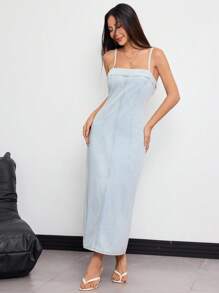 SHEIN ICON Solid Color Casual Slim-Fit Summer Fashion Strap Denim Dress - Light Wash - View 6