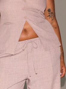 MUSERA Plus Size Women High Rise Tie Front Linen Look Wide Leg Trousers Holiday Swim Sexy Romantic Elegant Vanilla Move On Vacation Summer Casual - Brown - View 5