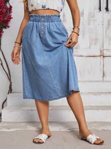 SHEIN Clasi Plus Size Summer Casual Button Decor Elastic Waist Denim A-Line Skirt - Blue - View 6