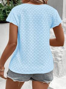 EMERY ROSE Women Plus Size Round Neck Ruffle Sleeve Casual Versatile T-Shirt - Baby Blue - View 2