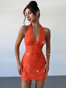 Firerie Elegantes, sexy und romantisches Minikleid für Damen, mit Pailletten bestickt, rückenfrei, Kreuzträger, V-Ausschnitt, A-Linie, Orange, für Partys und Festtage - Orange - Übersicht 7