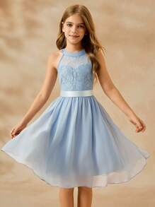 SHEIN Vestido corto para niña con encaje, parches y volantes en el bajo, cuello halter, adecuado para ser dama de honor, eventos formales, bodas, fiestas, cumpleaños - Lavado ligero - Ver 6