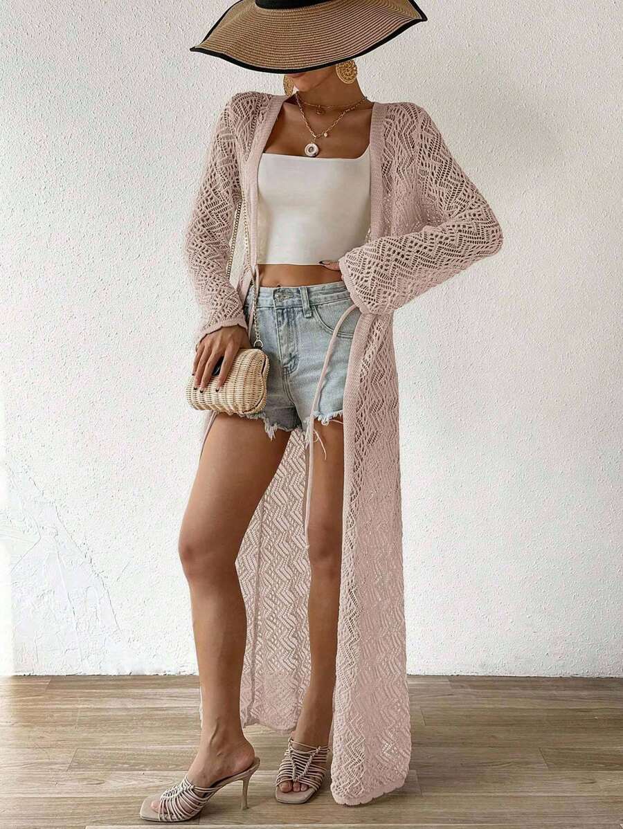 Breezaya Áo len cardigan dài tay khoét lỗ màu trơn cho nữ, trang phục đi nghỉ - Hồng - Xem 1