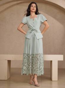 DAZY Set elegant de două piese pentru femei, cămașă și fustă din dantelă, model patchwork