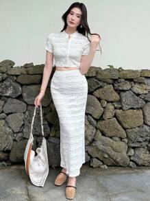 Celisse 2pcs Apricot Lace Jacquard Women's Elegant Resort Set - Apricot - View 6