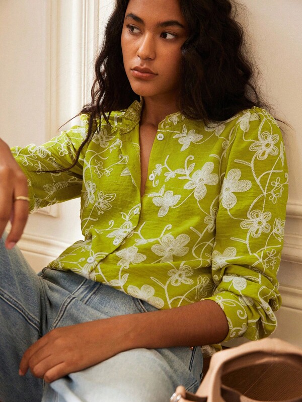 Écloséra Women's Casual Everyday Floral Embroidery Front Button Shirt
