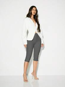 KIZN Capri Length High Waisted Leggings Professional Office Workwear Slim Fit Side Split Detail Spring Summer Autumn - Grey - View 5