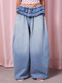 COUREZ 宽松气球牛仔裤，荷叶边裤脚/Y2K夏季女装下装，低腰牛仔裤 - 淺色水洗藍 - 查看 2