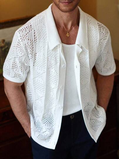 Manfinity Homme Plus Size Men's Casual Loose Button Up Short Sleeve Knit Top