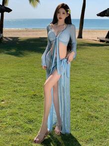 DAZY Bộ 2 món đồ thời trang đi nghỉ cho nữ, áo buộc vạt xẻ cao và váy, trang phục đi biển, quần áo mùa thu cho nữ - Màu xanh lam - Xem 8