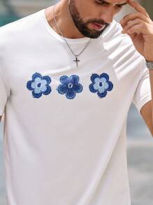 Manfinity VCAY 男士休闲修身针织花卉印花T恤花朵T恤男男士花朵T恤男士T恤花朵衬衫男士夏季T恤 - 白色 - 查看 1