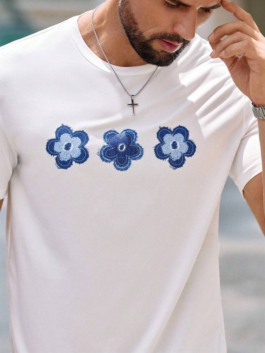 Manfinity VCAY 男士休闲修身针织花卉印花T恤花朵T恤男男士花朵T恤男士T恤花朵衬衫男士夏季T恤 - 白色 - 查看 1