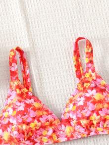 SHEIN Tween Girls Ditsy Floral Spaghetti Strap Bikini Swimwear Set For Beach Holiday - Hot Pink - View 4