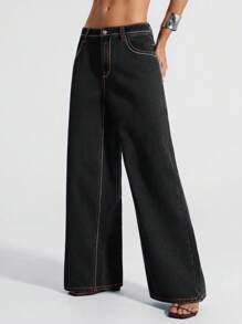 Jeanoix 女士宽松休闲高腰阔腿牛仔裤，带口袋