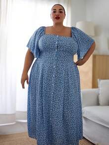 Pretty and Ole Robe d'été boho pour femme avec col carré boutonné, imprimé floral délicat, grande taille - Bleu azur - Voir 9