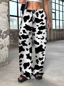 SHEIN EZwear Plus Size Casual Full Print Cow Spots Pattern Drawstring Straight Leg Pants, Suitable For Spring/Summer