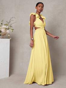 L'Amorae Elegantes Damen Maxikleid mit gerüschten Träger-Rückendetails, Plissee-Details und Ausschnitt, fließendes Sommerkleid, Hochzeitsgast Kleid für Damen, Sommeroutfit für Damen, Abendkleider für Damen