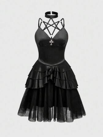 Goth Robe mini gothique de style de remise des diplômes et de bal avec pendentif en croix, taille ajustée et jupe en tulle style trapèze