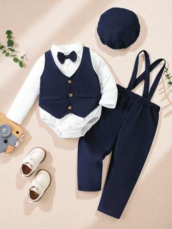 Souflis Souflis 寶寶男童秋冬季紳士風格簡約領帶襯衫吊帶長褲套裝(卡其色)4入組