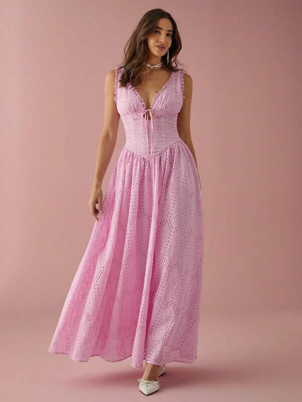 Enchnt Summer Romantic Women Pink Hollow Out Embroidery Lace Stitching Sleeveless Maxi Dress,Sweet&Elegant For Birthday&Holiday Party&Sweet Date Night&Daily Commuting&Vacation&Graduation Season&Afternoon Tea&Garden Parties,Summer Outfits For Women,Sun Dresses For Women