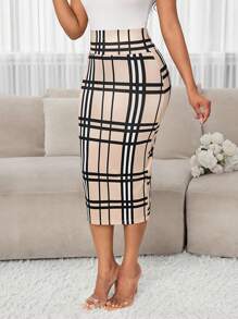 SHEIN Lady Elegant Work Office Colorful Plaid Knitted Split Midi Skirts Business Casual Woman Plaid Skirt Women Plaid Pencil Skirt Pencil Skirt For Women Bodycon Skirt High Waisted Plaid Skirt