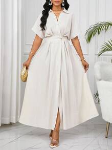 SHEIN Lady Women's Short Sleeve Casual Dress For Vacation Summer Dresses White Maxi Dress Women Elegant White Dress White Pleated Maxi Dress White Collared Maxi Dress Vacation Outfits Women Boho/Bohemia/Boho Women Clothing African Woman Clothing Country Outfits Women Teacher Outfits For Women Business Casual