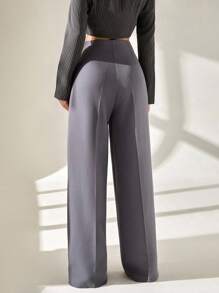 CLARA VERO Woman Solid Color Woven Plicated Wide Leg Relax Fit Work Business Working Pants Lady Bottom - Dark Grey - View 7