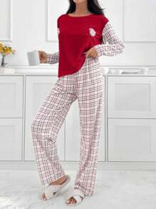 Cottnline 2pcs Cotton Plaid Block Shirt And Plaid Patterned Lounge Bottom Homewear Set - Red - View 6