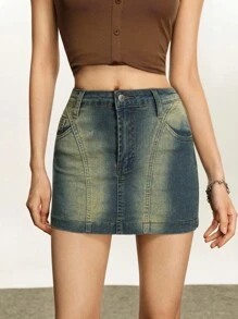 INAWLY Women's Summer Casual Street Washed Denim Mini Skirt - Blue - View 3