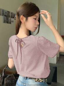 DAZY 女式夏季露背系带V领条纹休闲短袖T恤 - 粉色 - 查看 3