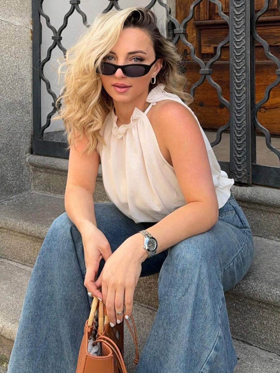Jeta Ari Camiseta sin mangas casual y versátil de color liso con cuello con volantes para mujer - Albaricoque - Ver 1