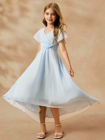Girls' Elegant V-Neck Sleeveless High Waist Long Asymmetrical Hem Chiffon Blue Dress Fall Winter