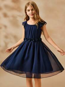 Girls Elegant Minimalist Scoop Neck Sleeveless High Waist Short Chiffon Floral Dress, Navy Blue