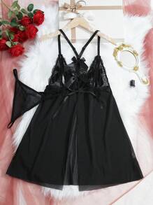 Spicy Aura 2 Peças Conjunto de Camisola Sexy Feminina com Renda e Tela Contrastante + Tanga Fio Dental - Preto - Visão 2