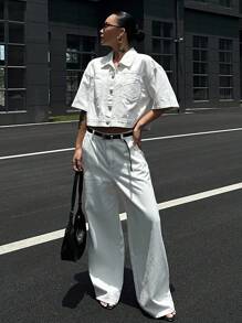 DAZY 2pcs Set Women's Cargo Denim Outfit, Short Sleeve Jacket & Wide Leg Pants, Stylish - White - View 4